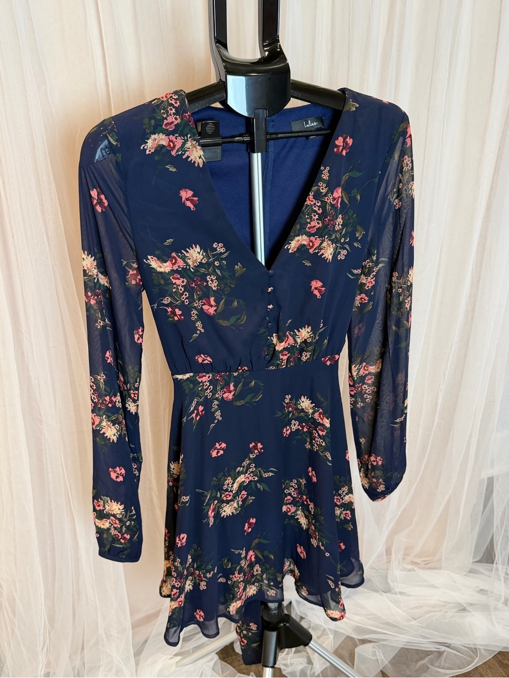 Lulus Navy Floral Long Sleeve Skater Dress Size Medium NWT - Picture 4 of 7